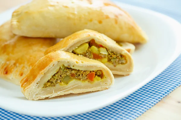 Leckeren Kuchen gefüllt mit Fleisch auf einem weißen Teller und blau kariert — Stockfoto