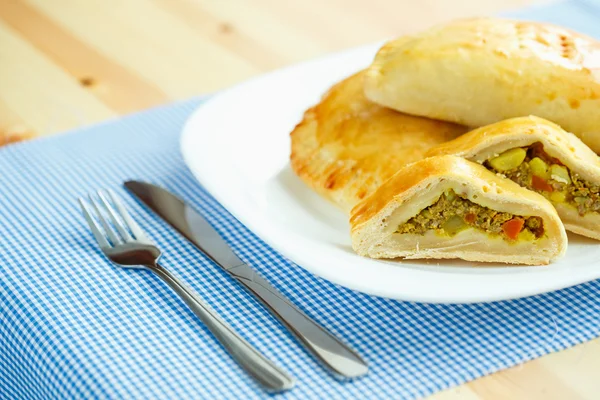 Leckeren Kuchen gefüllt mit Fleisch auf einem weißen Teller und blau kariert — Stockfoto