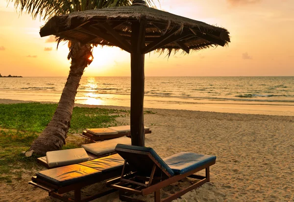 Dřevěné židle a slunečníky na pláži s pískem — Stock fotografie