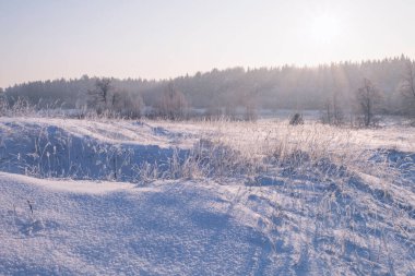 Gün batımında tarlası olan kış manzarası. 