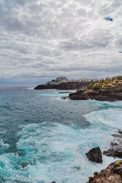 岩石与植物与海景和阴暗的天空 Tenerife 加那利群岛 西班牙 — 图库照片