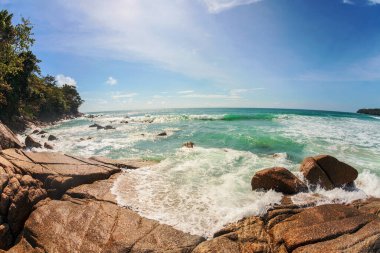 Taşlı güzel tropik plaj. Doğa arkaplanı