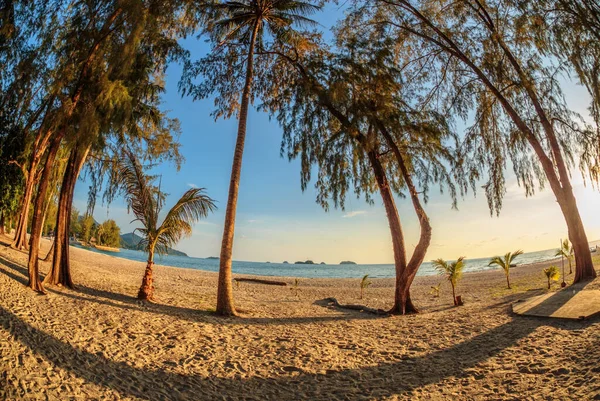 魚眼レンズで美しい夕日で熱帯のビーチ 自然背景 — ストック写真