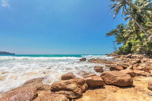 Schöner Tropischer Strand Mit Meerblick Sauberem Wasser Und Blauem Himmel — Stockfoto