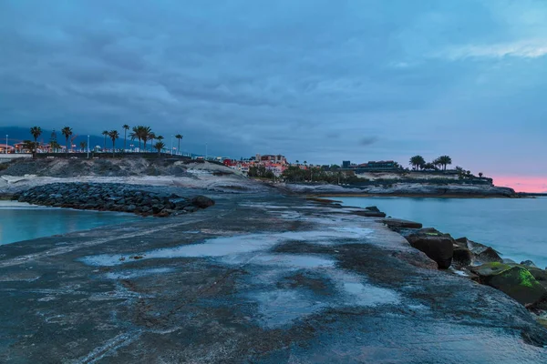 Tropisk Strand Vid Vacker Solnedgång Costa Adeje Teneriffa Spanien — Stockfoto