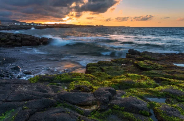 Tiempo Puesta Del Sol Las Piedras Parte Playa Tejita Tenerife — Foto de Stock