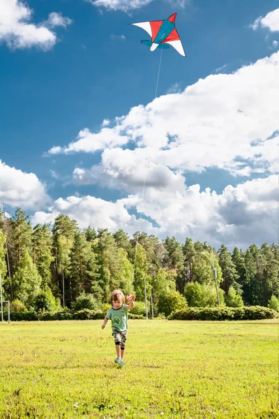 Litlle boy runs with kite — Stock Photo, Image