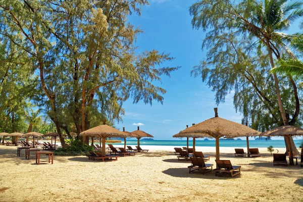 Wooden chairs and umbrellas on white sand beach — Stock Photo, Image