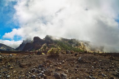 Bulutlar ve sis kaplı dağları ile manzara 