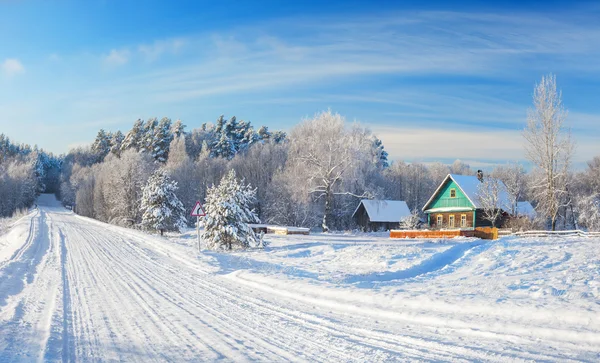 Väg i vinterskog — Stockfoto