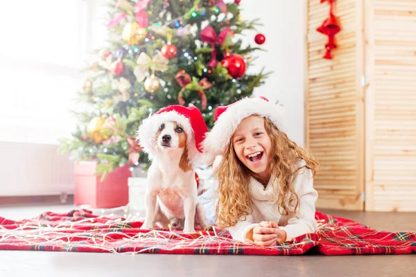 Noel ağacının yanında köpeği olan bir çocuk. — Stok fotoğraf