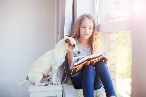 Child with dog reading book at home. Girl with pet sitting at window at read