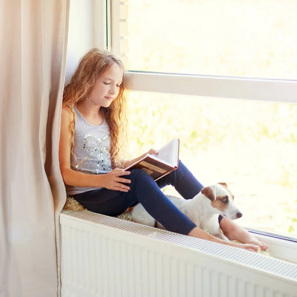 自宅で犬の読書本を持つ子供 女の子とともにペット座っていますで窓に読みます — ストック写真