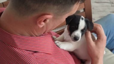 Küçük bir köpekle oynaşan ve oynaşan bir adam