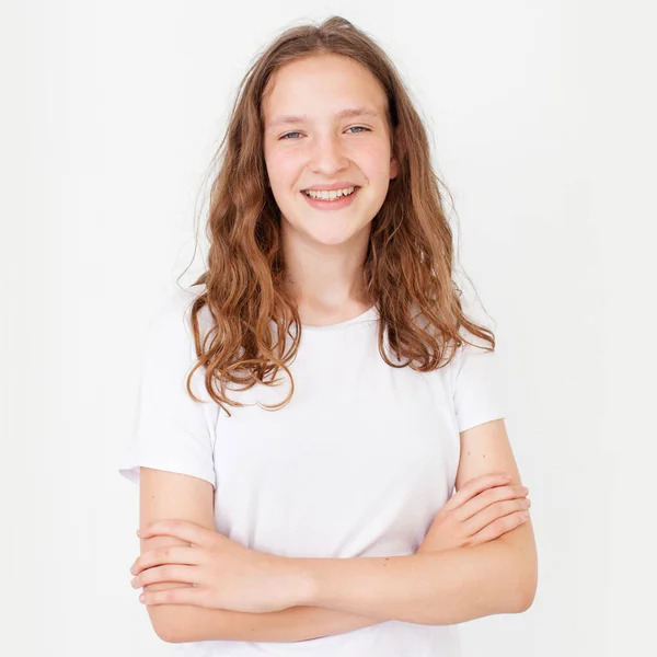 Cheerful Happy Young Beautiful Girl Looking Camera Smiling Laughing White — Stock Photo, Image