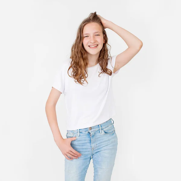 Cheerful Happy Young Beautiful Girl Looking Camera Smiling Laughing White — Stock Photo, Image