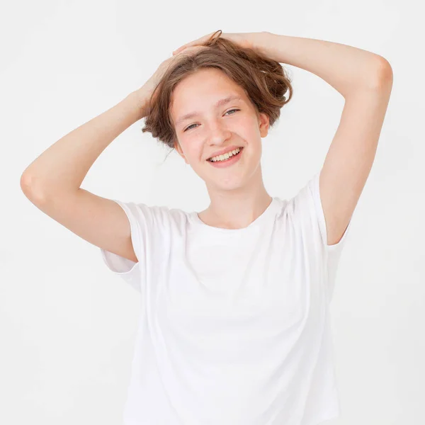 Cheerful Happy Young Beautiful Girl Looking Camera Smiling Laughing White — Stock Photo, Image