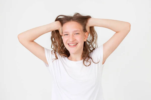 Cheerful Happy Young Beautiful Girl Looking Camera Smiling Laughing White — Stock Photo, Image