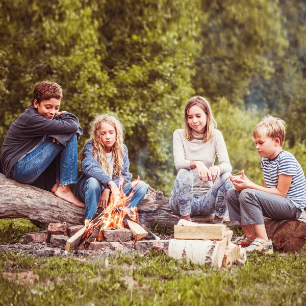 Barn Lägret Vid Brasan Grupp Tonåring Utomhus Sommaren — Stockfoto