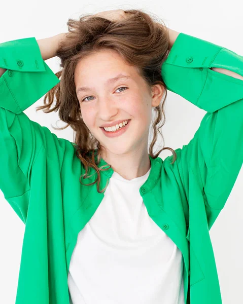 Cheerful Happy Young Beautiful Girl Looking Camera Smiling Laughing White — Stock Photo, Image