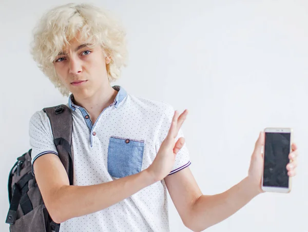 Glad Ung Man Talar Mobiltelefon Leende Student Pojke Vägrar Telefonen — Stockfoto