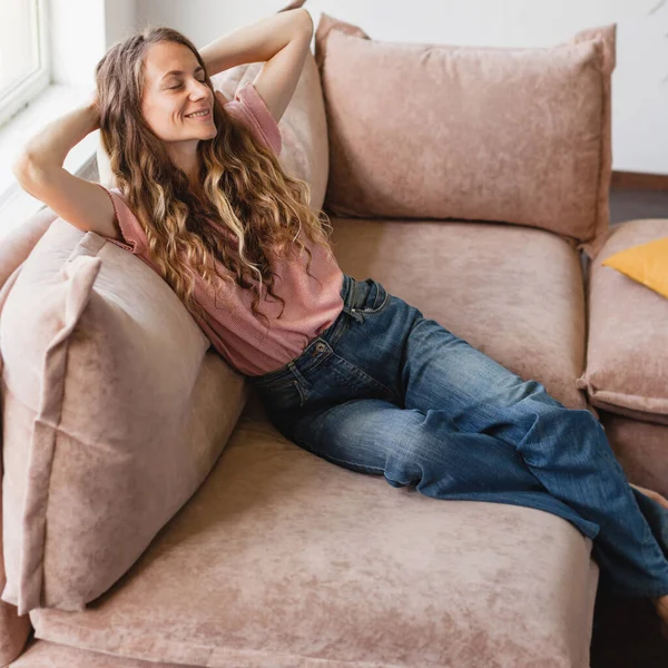Serene Young Woman Pretty Relaxing Couch Living Room Calm Happy — Stock Photo, Image