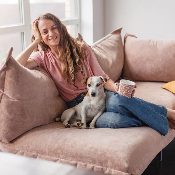 Calm Peaceful Middle Aged Woman Takes Break Rests Cup Hot — Stockfoto