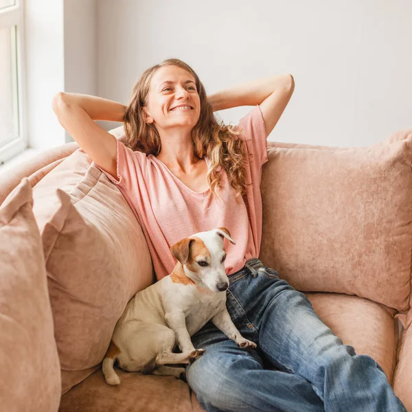 Happy Young Woman Sit Relax Comfortable Couch Living Room Hands — Fotografia de Stock