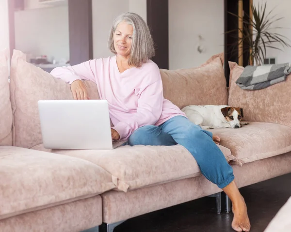 かなり成熟した女性の笑顔とリラックスしたレジャー室内活動でソファに座って自宅でコンピュータのラップトップを使用する 女性の美しい人々は 代替オフィスでオンライン技術と家庭の仕事を楽しんでいます 幸せな中年の女性 — ストック写真