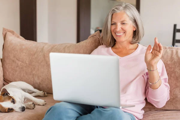 笑顔成熟した美しい白人女性座っていますソファ波上のビデオ通話上のノートパソコンで 幸せな中年の女性は楽しい会話を使用してコンピュータを持っています 新技術 — ストック写真