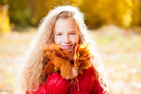秋天的女孩公园里有叶子的孩子 — 图库照片