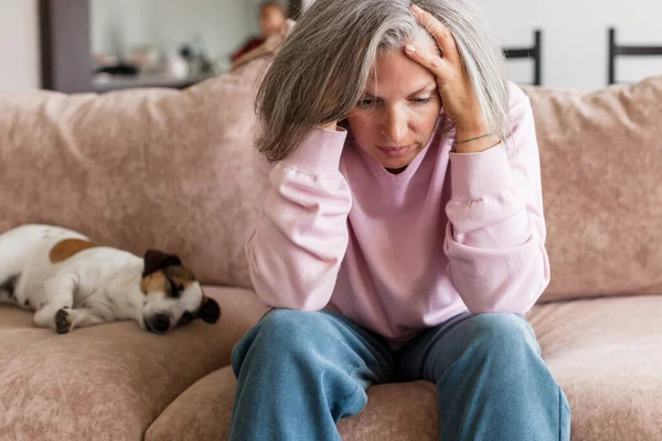 Depressed Mature Woman Sitting Sofa Home Unhappy Alon Gray Haired — Stock Photo, Image