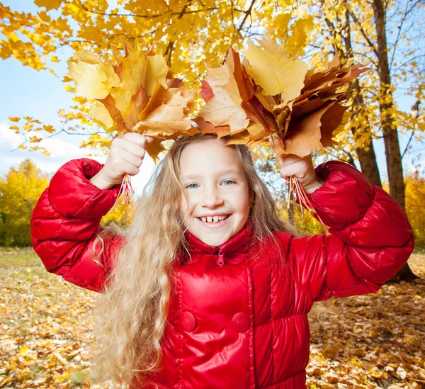 Chica Otoño Niño Con Hoja Parque — Foto de Stock