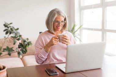 Mutlu orta yaşlı bir kadın, evinde oturmuş, yüzünde gülümseme ve doğal ifadeyle bilgisayar bilgisayarı kullanarak çalışıyor. Gülümseyen, olgun, gri saçlı bir kadın arkadaşlarıyla ya da aileleriyle sohbet ediyor.