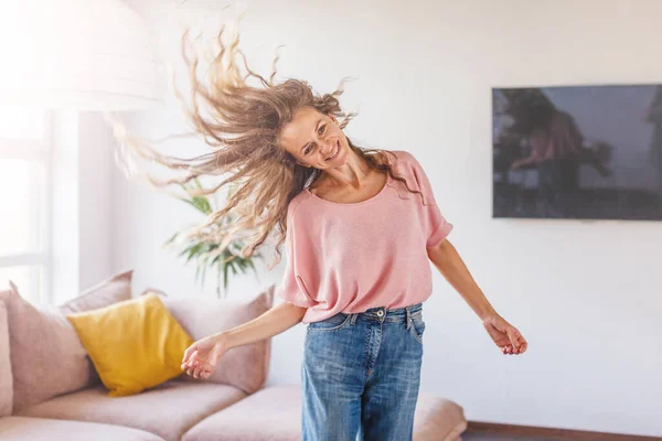 Carefree Happy Single Young Attractive Woman Dancing Alone Living Room — Stock Photo, Image