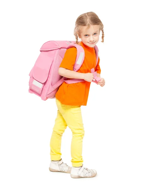 Klein meisje met schooltas — Stockfoto