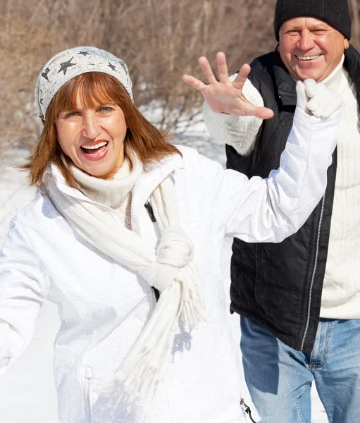 Heureux couple d'aînés dans le parc d'hiver — Photo