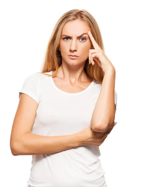 Denkt wütend weiblich auf weiß — Stockfoto