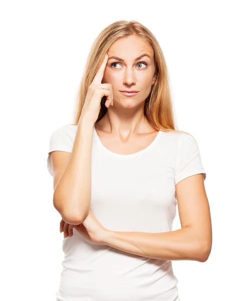 Denken vrouw in white — Stockfoto