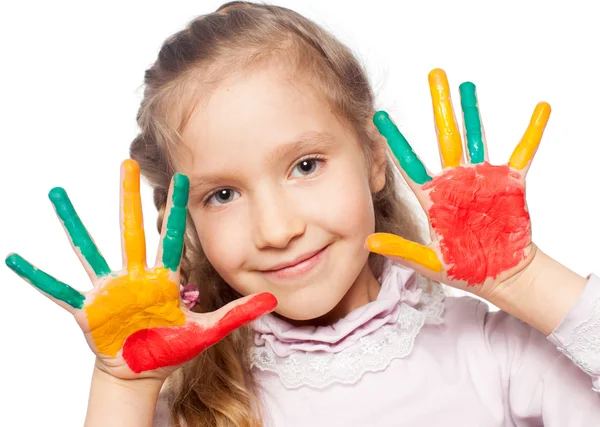 Girl with painted palms — Stock Photo, Image