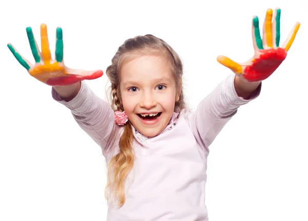 Girl with painted palms — Stock Photo, Image