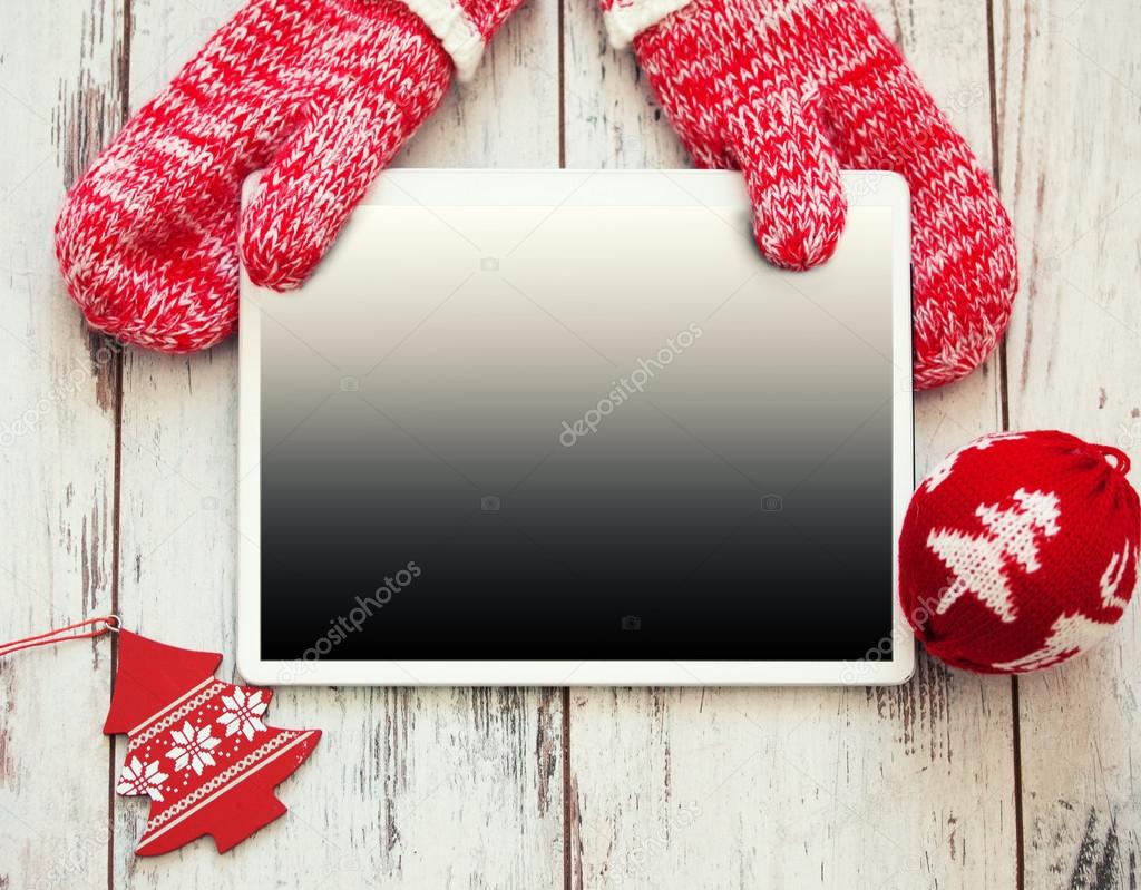 Tablet on Christmas background