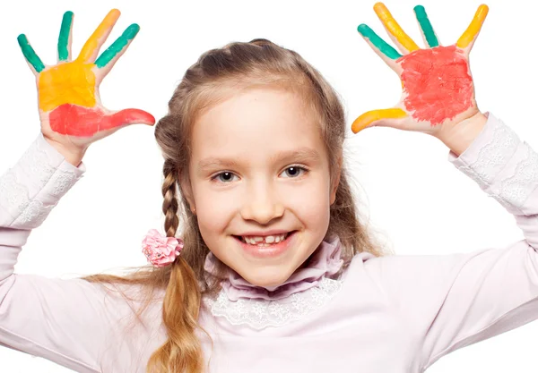 Girl with painted palms — Stock Photo, Image