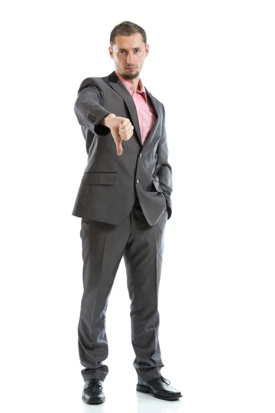 Full length suit tie businessman with thumb down — Stock Photo, Image