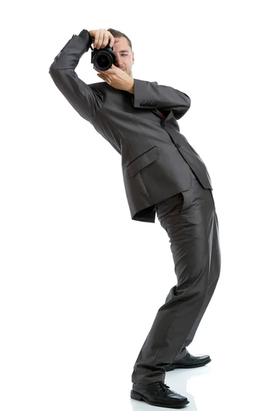 Full length suit tie photographer with camera — Stock Photo, Image