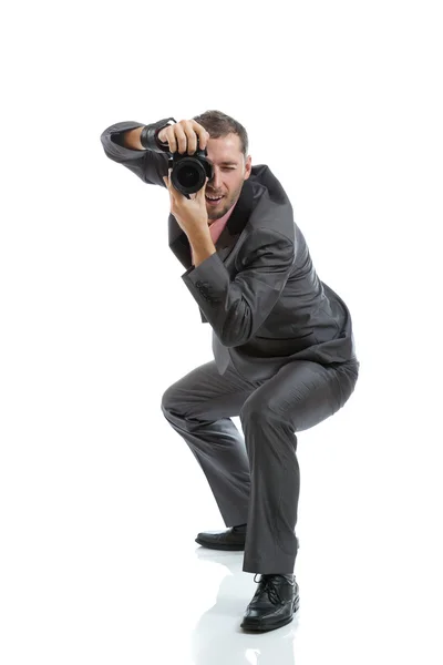 Full length suit tie photographer with camera — Stock Photo, Image