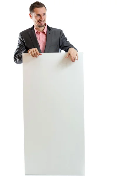 Suit tie businessman displaying placard — Stock Photo, Image