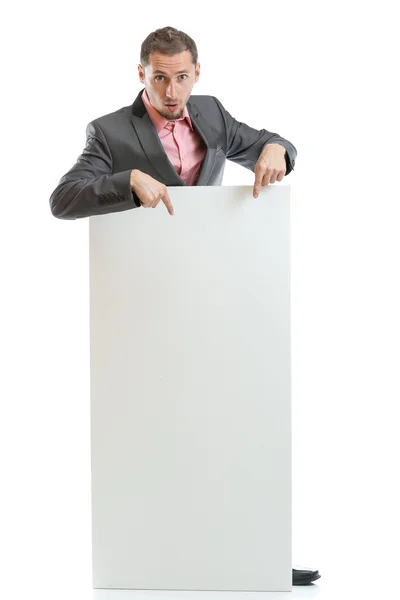 Suit tie businessman displaying placard — Stock Photo, Image