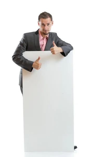 Suit tie businessman displaying placard — Stock Photo, Image