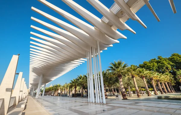 Curved sunshades at the modern promenade in Port of Malaga. Andalusia, Spain